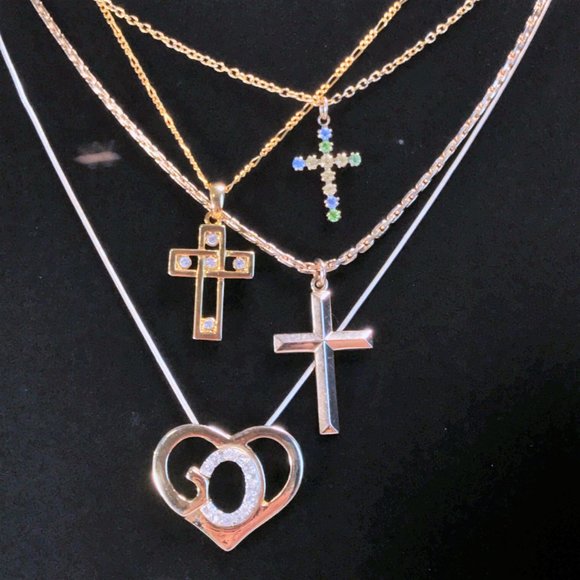 4 Pc Necklace Set Christian Cross God Jesus Church Silver & Gold Tone Rhinestone - Picture 2 of 11
